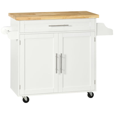 Kitchen Island with Storage, Rolling Cart Trolley with Rubberwood Top, Adjustable Shelf, Drawer