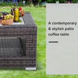 2-Tier Rattan Patio Coffee Table Wicker Patio Tea End Desk with Tempered Glass Top & Storage for Balcony