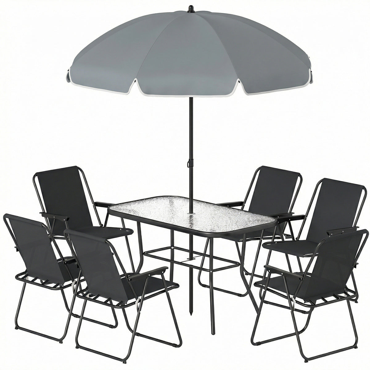 8 Piece Patio Table and Chairs Set with Folding Chairs, Tempered Glass Tabletop and Umbrella for Garden