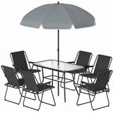 8 Piece Patio Table and Chairs Set with Folding Chairs, Tempered Glass Tabletop and Umbrella for Garden