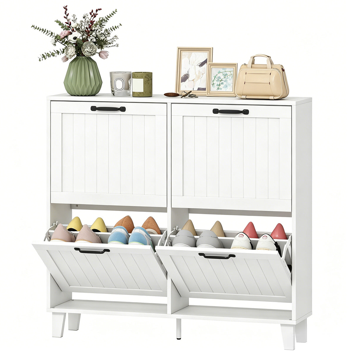 Shoe Cabinet with 4 Flip Drawers, Freestanding Narrow Shoe Storage Cabinet with Adjustable Shelves, Open Back