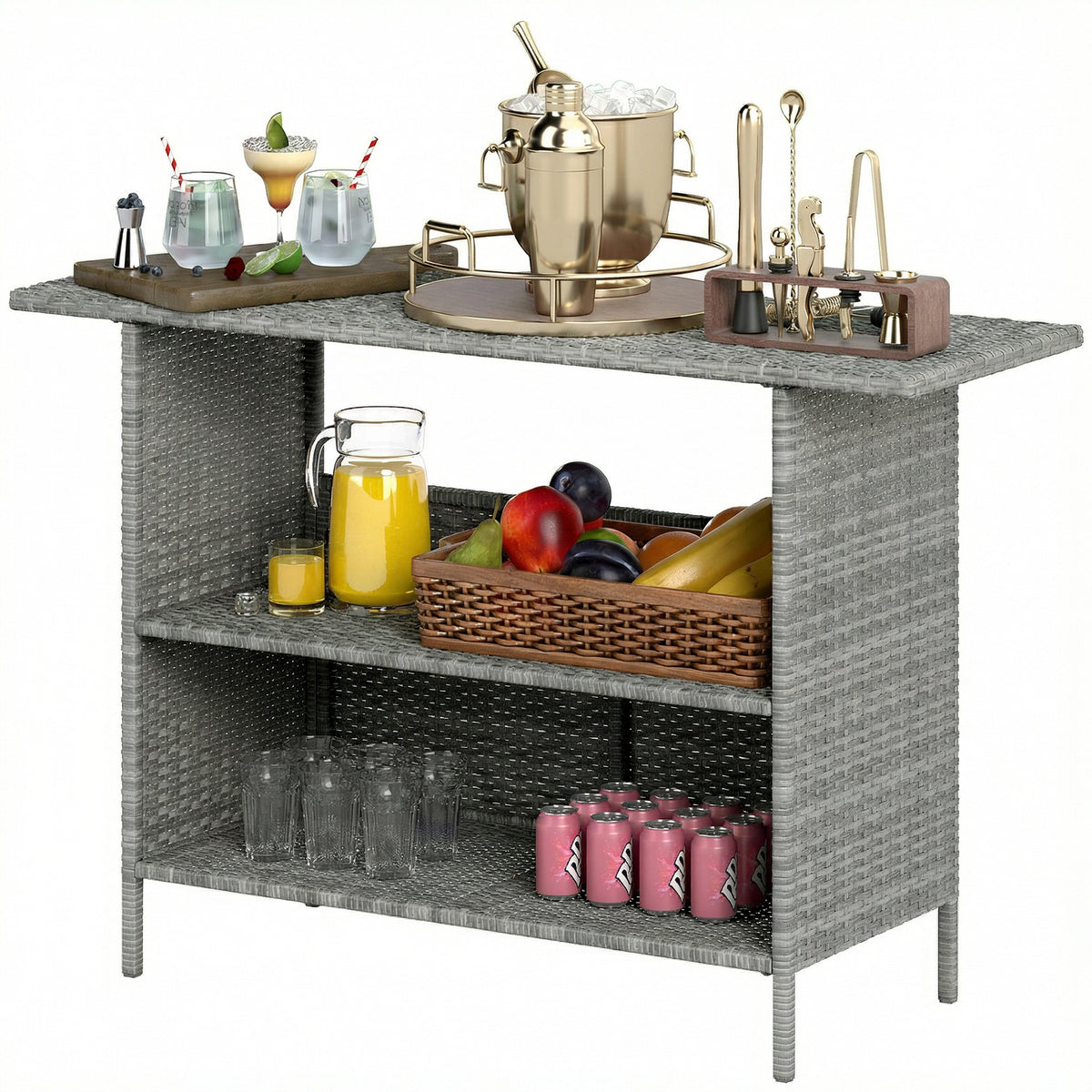 Wicker Outdoor Bar Table, PE Rattan Bar Height Patio Table with 2 Shelves, Steel Frame for Garden