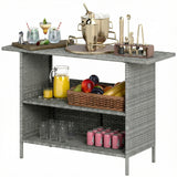 Wicker Outdoor Bar Table, PE Rattan Bar Height Patio Table with 2 Shelves, Steel Frame for Garden