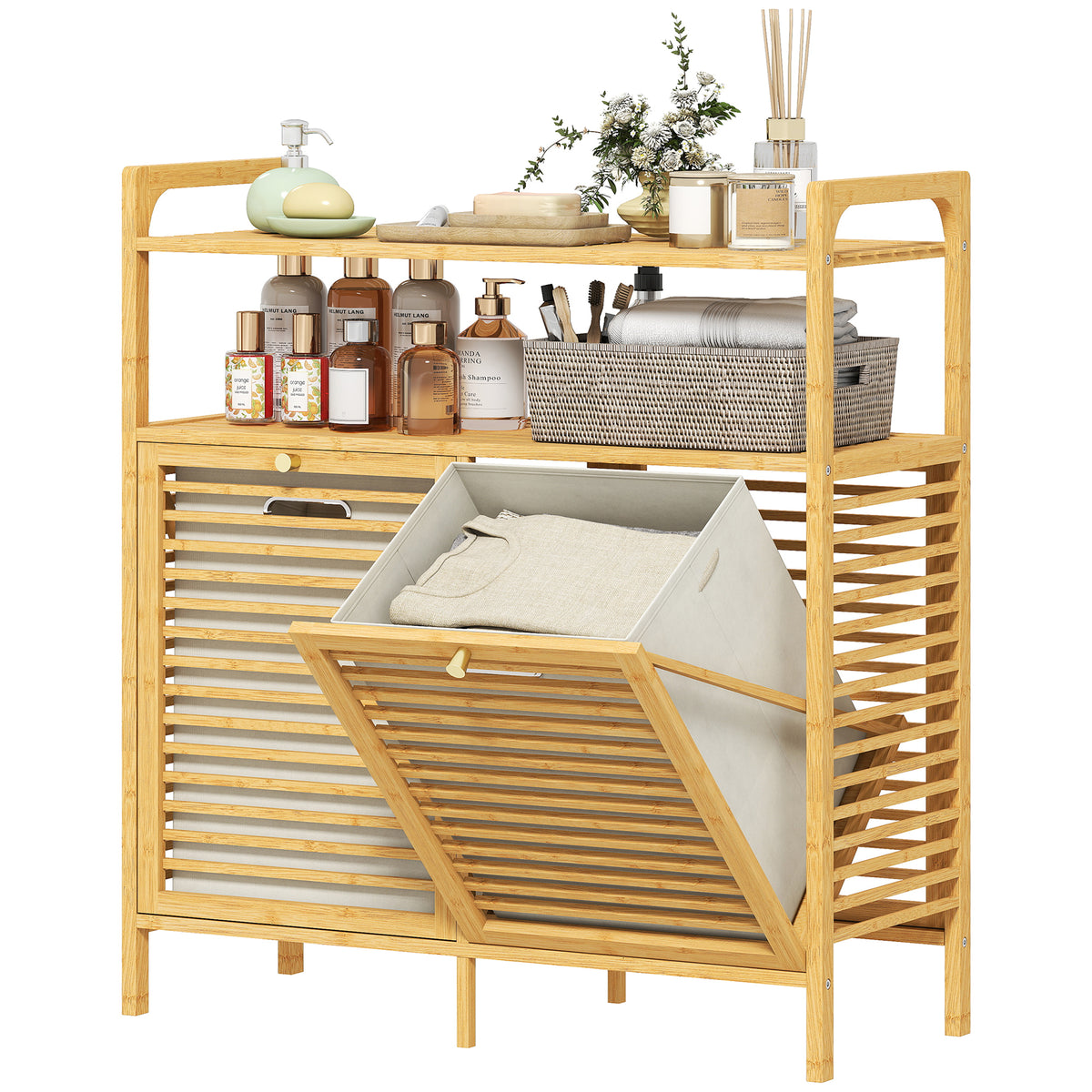 Tilt Out Laundry Hamper, Bamboo Laundry Cabinet with 2 Removable Baskets and 2-Tier Shelves for Laundry Room
