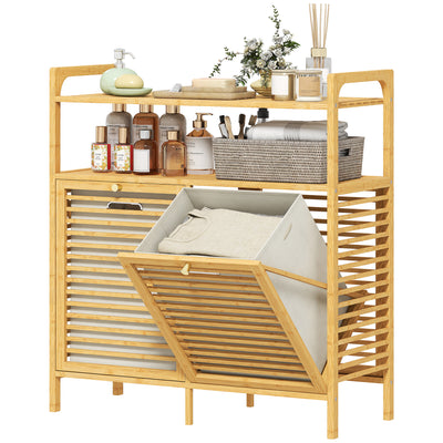 Tilt Out Laundry Hamper, Bamboo Laundry Cabinet with 2 Removable Baskets and 2-Tier Shelves for Laundry Room