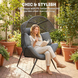 Wicker Egg Chair, Indoor Outdoor Rattan Lounge Chair with Thick Cushion and Headrest, Steel Frame, Adjustable Pads