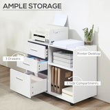 Modern Lateral Filing Cabinet, 3 Drawer File Cabinet for Letter and A4 Size Documents, Mobile, Printer Stand with Open Shelves, Rolling Wheels