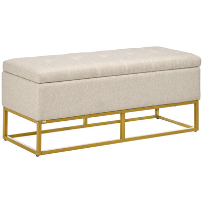 Storage Ottoman with Flip Top, Upholstered Storage Bench, Linen Fabric Footstool with Steel Legs for Living Room