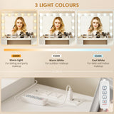 Bureau de toilette avec miroir et 12 lumières LED, Table de maquillage avec prise électrique, 3 couleurs de lumière, 6 tiroirs et 2 étagères