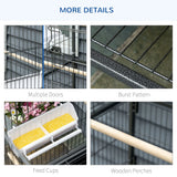 52'' Large Rolling Steel Bird Cage Bird House with Rolling Stand, Storage Shelf, Wood Perch