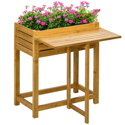 Raised Garden Bed with Folding Side Table, Elevated Wood Planter Box for Flowers and Vegetables