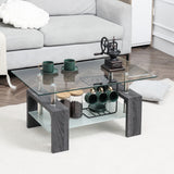 Table basse rectangulaire en verre, table centrale à 2 niveaux avec plateau en verre trempé et étagère de rangement pour salon