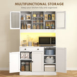 Tall Kitchen Pantry with LED Light, Freestanding Storage Cabinet with Hutch, Shelves, Drawer