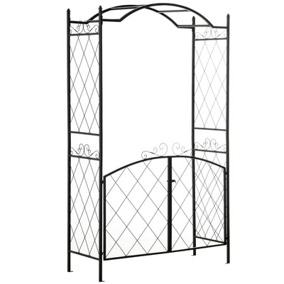 7FT Metal Garden Arch with Gate Climbing Planter Frame Backyard Decor for Vines Morning Glory
