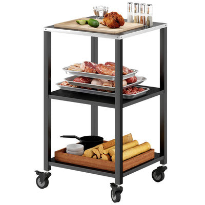 Outdoor Grill Cart, Pizza Oven Stand with Stainless Steel Top, 3-Tier Rolling Kitchen Prep Station with Wheels