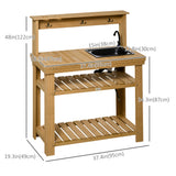 Outdoor Potting Bench Table with Faucet, Hooks and Storage Shelves, Wood Work Bench Workstation