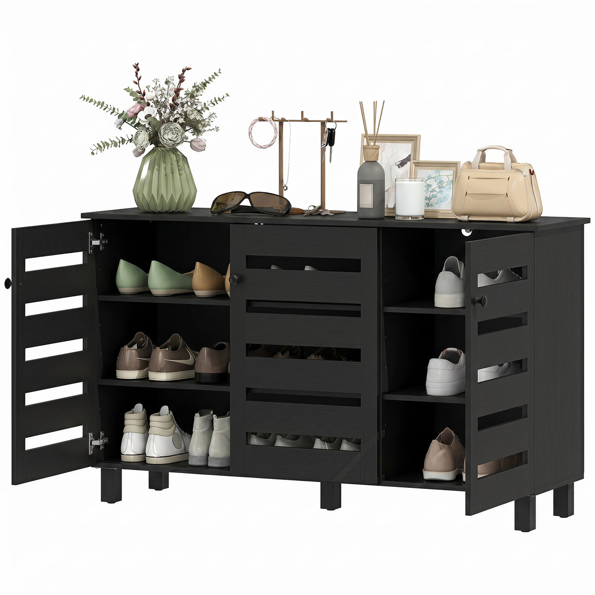 Shoe Cabinet with 3 Slatted Doors, 3-tier Shelving Rack Cabinet with Adjustable Shelves for 15 Pairs of Shoes