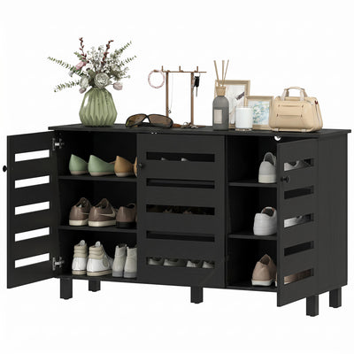 Shoe Cabinet with 3 Slatted Doors, 3-tier Shelving Rack Cabinet with Adjustable Shelves for 15 Pairs of Shoes