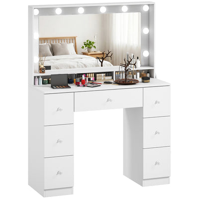Vanity Desk with 10 Dimmable LED Lights, Mirror Dressing Table with 7 Drawers and Charging Station