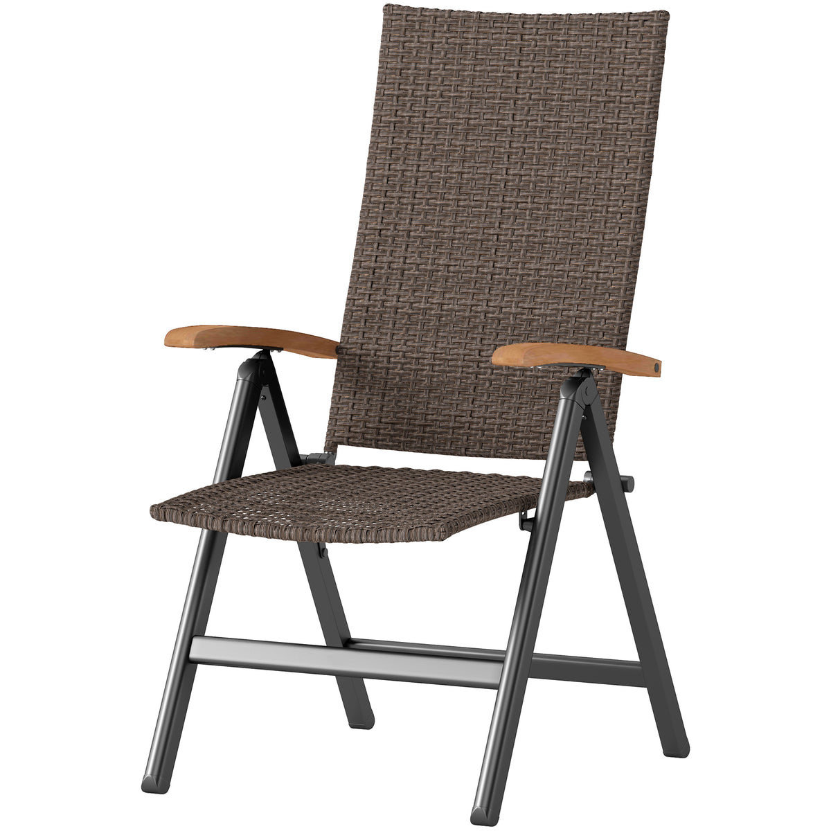 Folding Wicker Patio Dining Chair with 5-level Reclining Back, Wooden Armrests for Outdoor