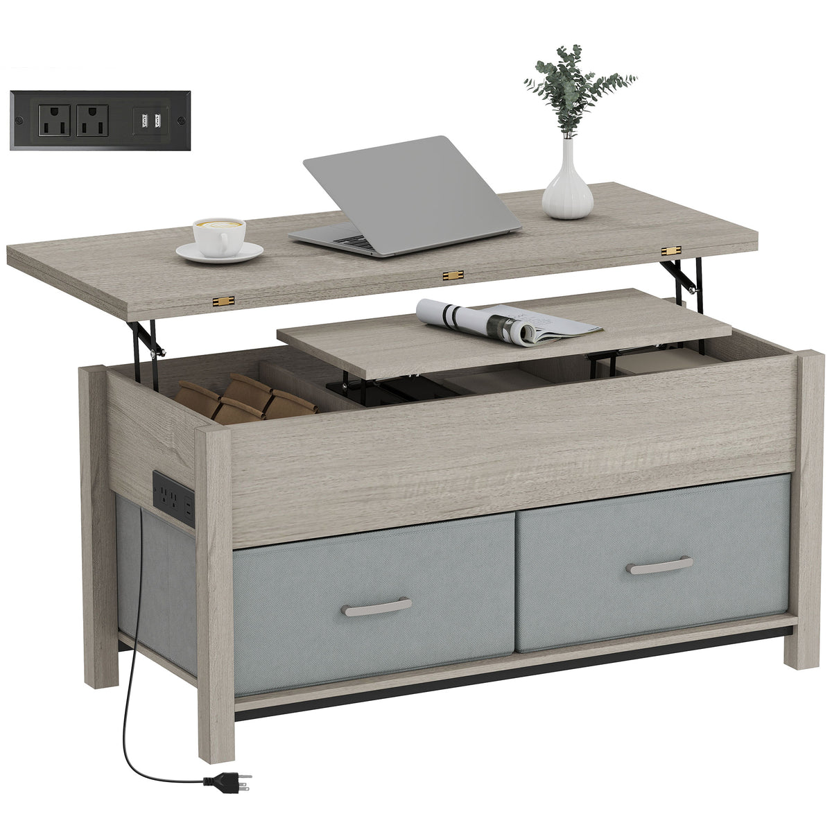 Lift Top Coffee Table, Center Table with 3 Hidden Compartments, 2 Fabric Drawers