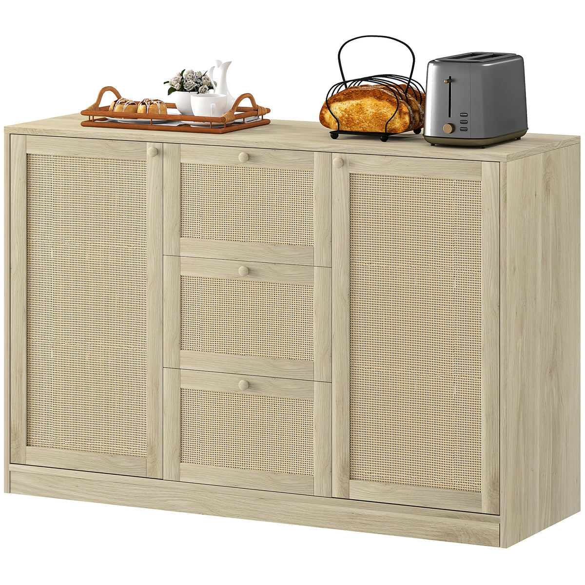 Boho Sideboard Buffet Cabinet, Kitchen Coffee Bar Cabinet with 3 Drawers, 2 Adjustable Shelves and 4 Racks