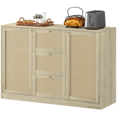 Boho Sideboard Buffet Cabinet, Kitchen Coffee Bar Cabinet with 3 Drawers, 2 Adjustable Shelves and 4 Racks