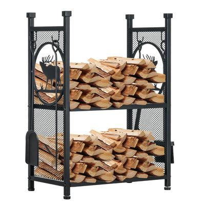 Support à bûches à 2 niveaux avec pelle, rangement de bois de chauffage intérieur extérieur