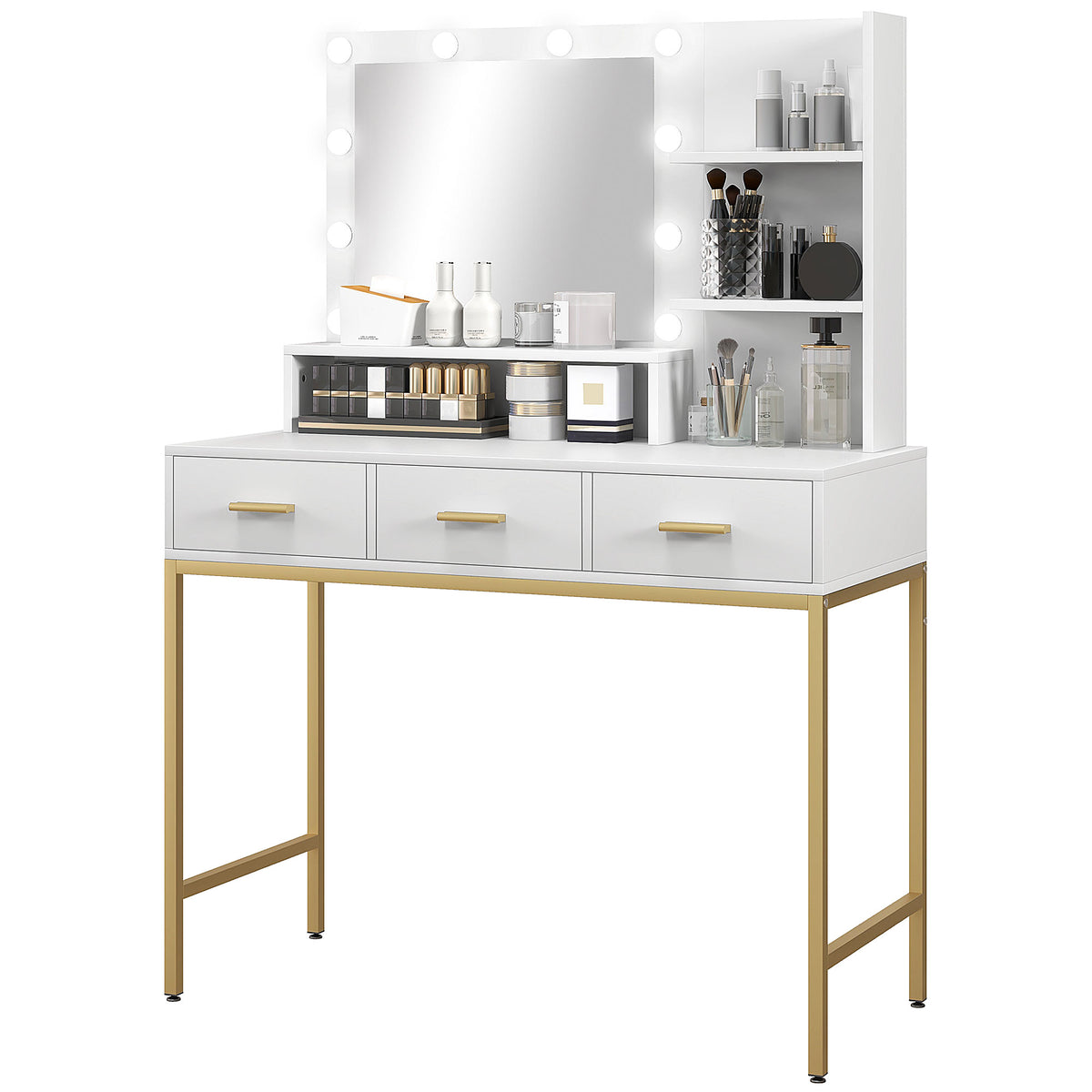 Illuminated Dressing Table, 3 Drawers and Storage Shelves for Bedroom