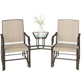 Double Patio Glider Chair with Glass Top Center Table, Outdoor Glider Loveseat with High Back, All Weather Breathable Mesh Fabric for Garden