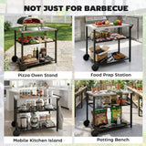 Outdoor Grill Cart with Stainless Steel Top, Three-Tier Pizza Oven Stand, BBQ Cart on Wheels