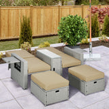 5PC Wicker Patio Lounger, Outdoor PE Rattan 5-level Adjustable Recliner Sofa Bed with Storage Side Table and Footstools