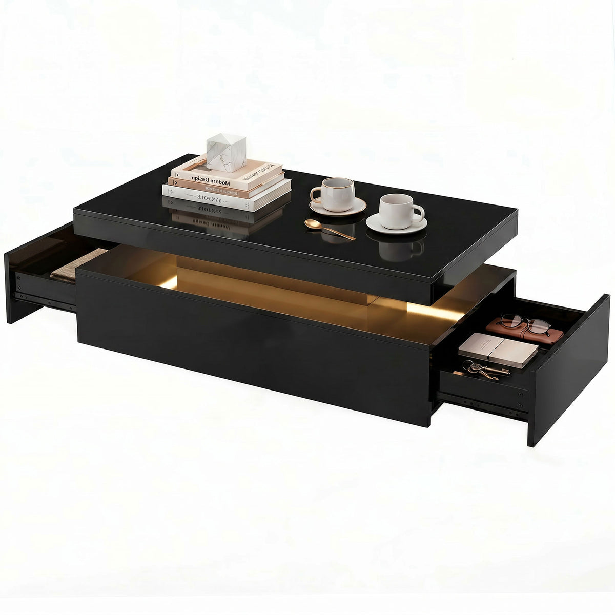 LED Coffee Table with Storage, 2-Tier Modern Center Table with 2 Drawers for Living Room