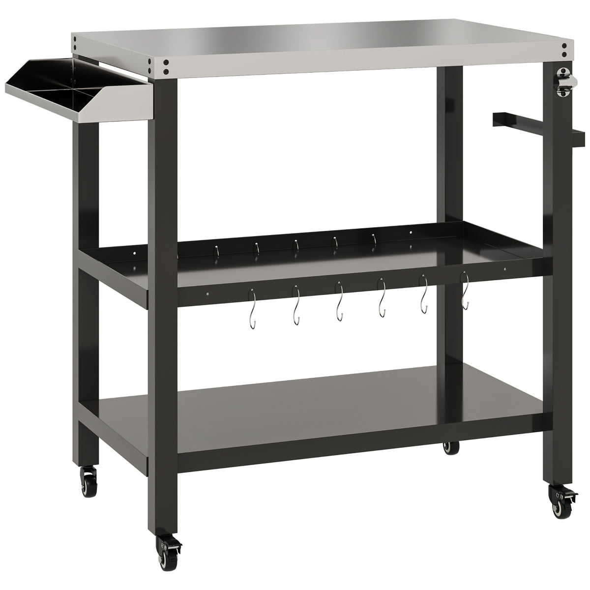 Outdoor Kitchen Bar Cart BBQ Table with Wheels, Stainless Steel Pizza Oven Stand