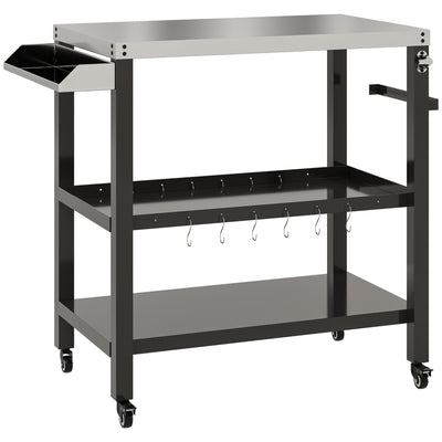 Outdoor Kitchen Bar Cart BBQ Table with Wheels, Stainless Steel Pizza Oven Stand