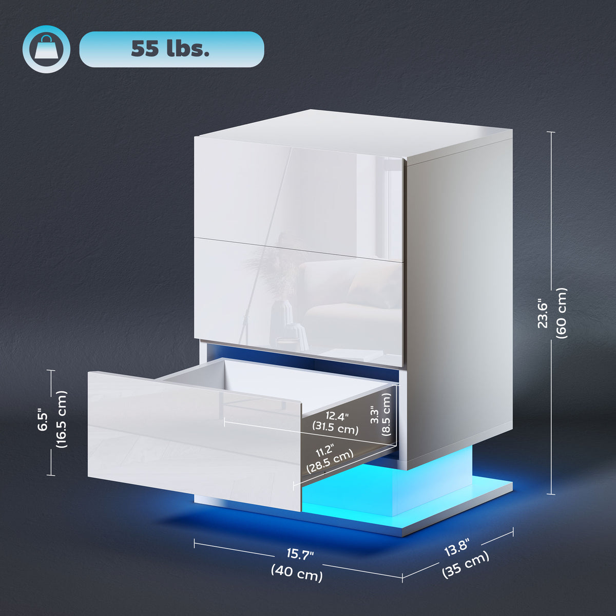 Modern LED Nightstand Bedside Table with Adjustable Colour Lighting & 3 Drawers