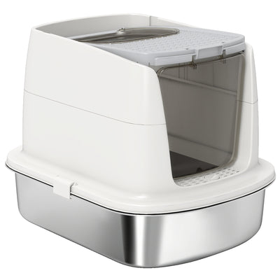 Large Stainless Steel Litter Box, Enclosed Metal Cat Litter Tray with Scoop