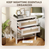Set of 2 Boho Bedside Tables, Rattan Nightstands with 2 Drawers, Storage Shelf