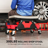 Rolling Garage Stool with Wheels, 300 LBS Capacity Padded Mechanic Stool with Tool Trays Storage