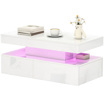 LED Coffee Table, Living Room Table with 2 Drawers and Open Shelf