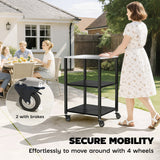 Outdoor Grill Cart, Pizza Oven Stand with Stainless Steel Top, 3-Tier Rolling Kitchen Prep Station with Wheels