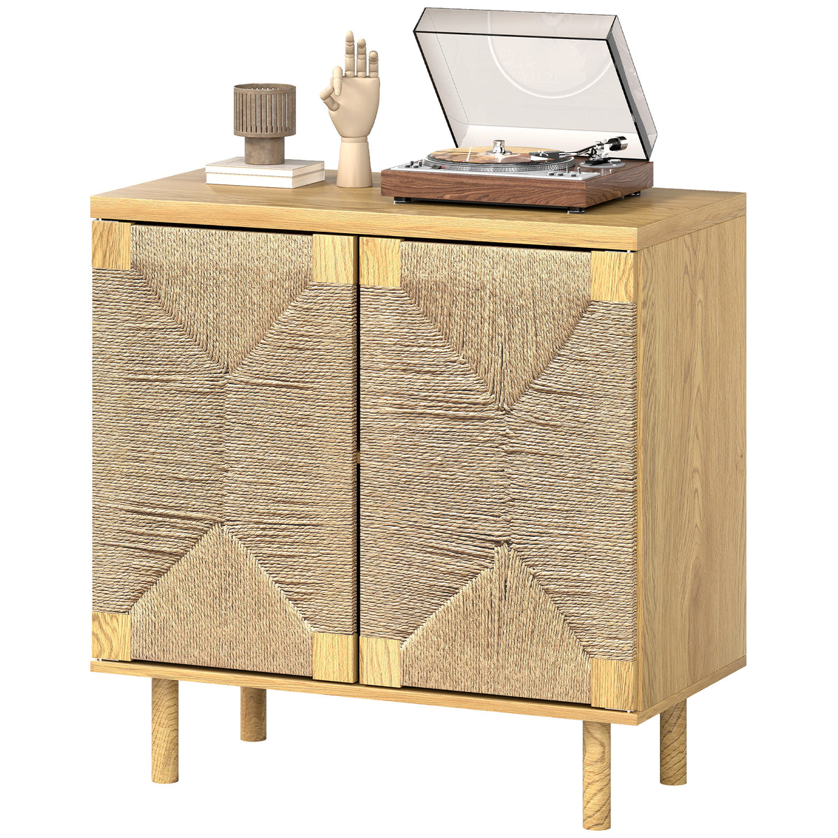 Handwoven Rope Accent Cabinet Boho Sideboard Buffet Cabinet with Push to Open Doors Adjustable Shelf Pine Wood Legs