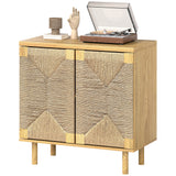 Handwoven Rope Accent Cabinet Boho Sideboard Buffet Cabinet with Push to Open Doors Adjustable Shelf Pine Wood Legs
