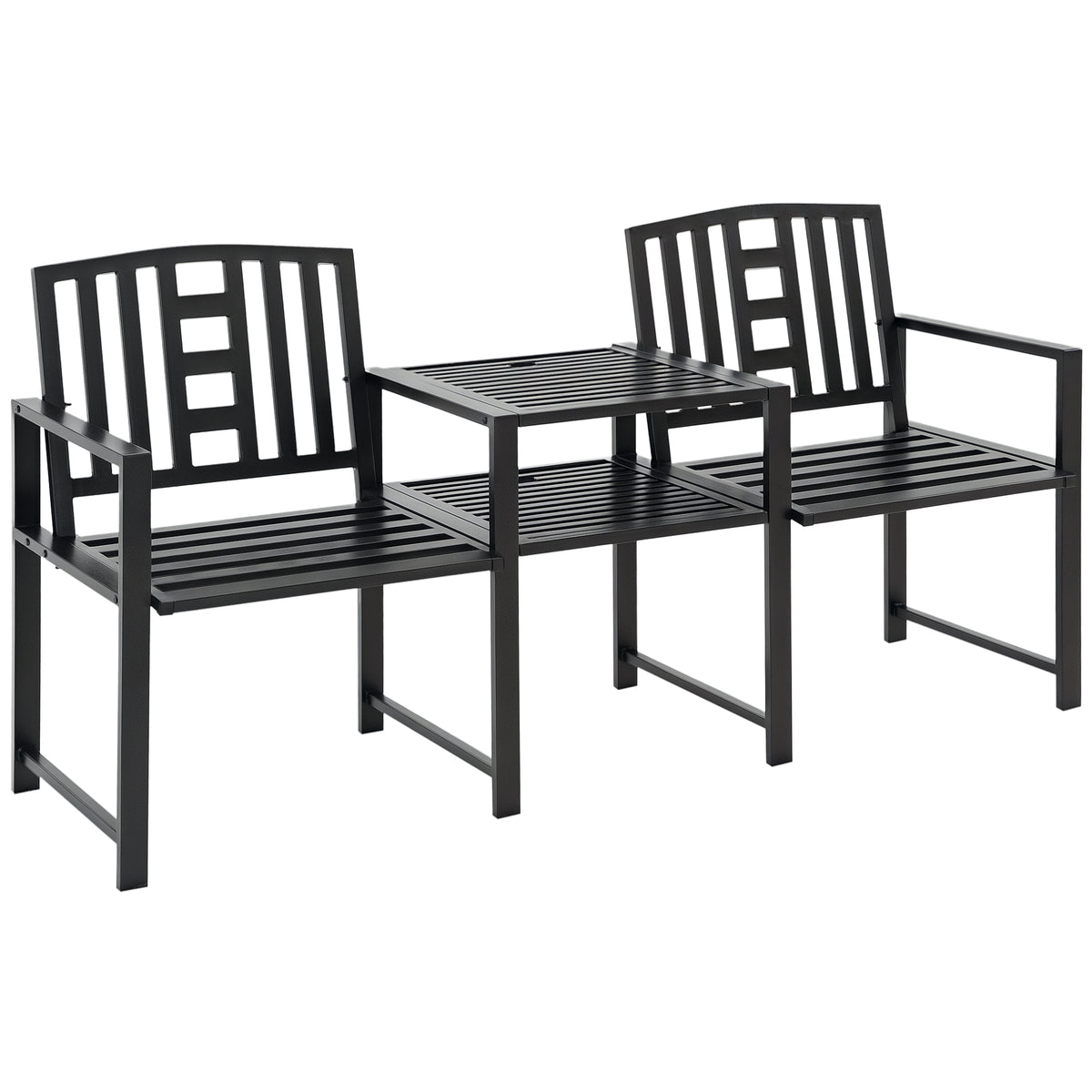 Steel Garden Bench w/ Middle Table, Double Seat for Outdoor, Backyard Weather-Resistant Frame