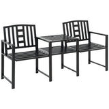 Steel Garden Bench w/ Middle Table, Double Seat for Outdoor, Backyard Weather-Resistant Frame