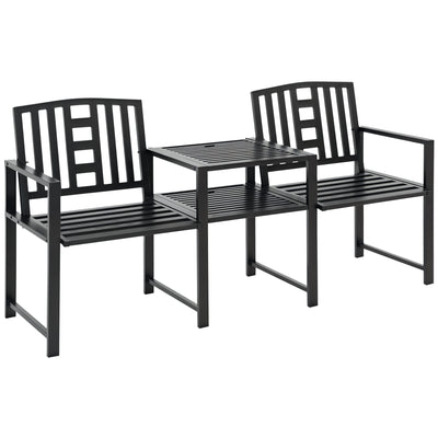 Steel Garden Bench w/ Middle Table, Double Seat for Outdoor, Backyard Weather-Resistant Frame