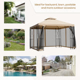 10x10ft Patio Gazebo, Yard Sun Shade Steel Frame w/ Mosquito Netting and Storage Tray