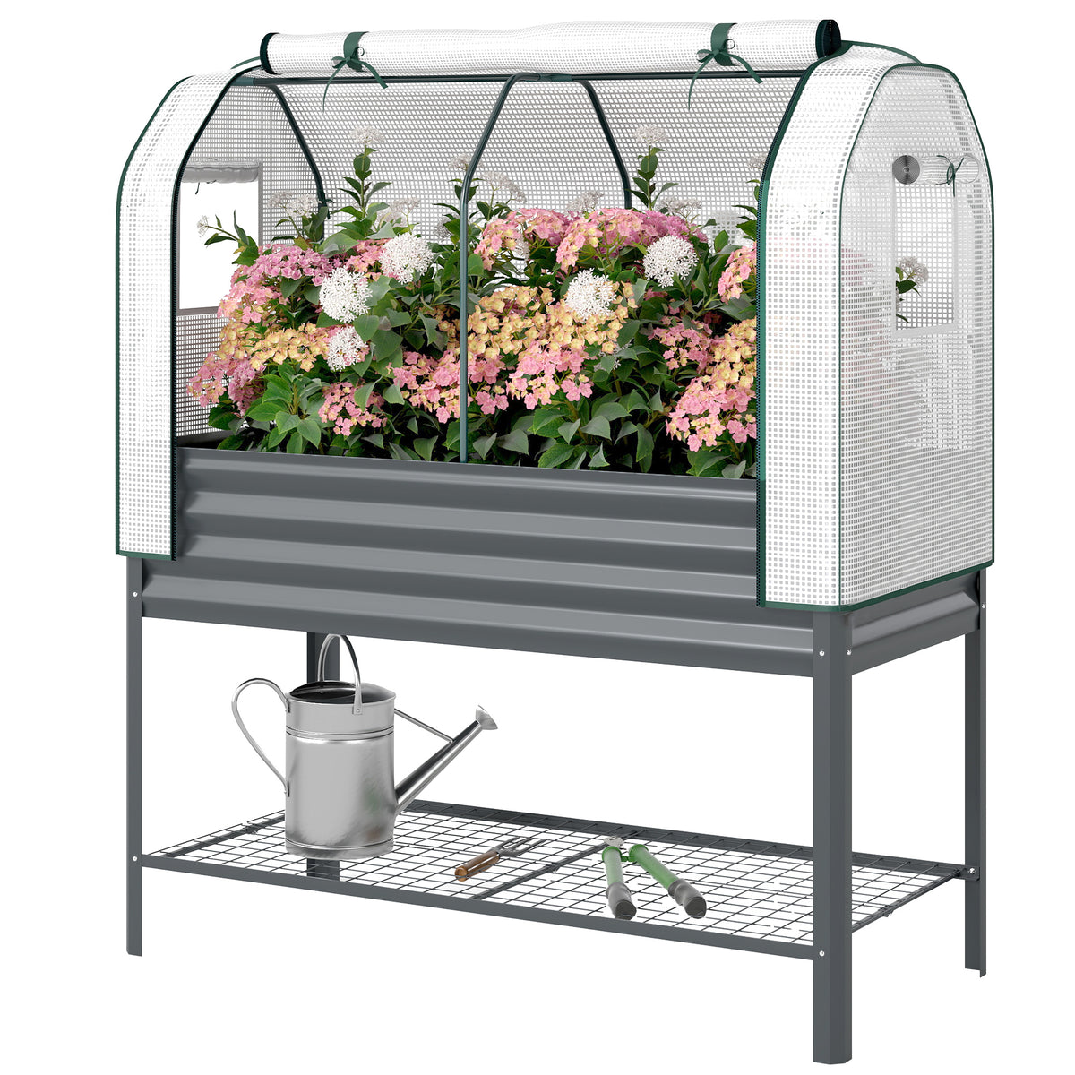 Galvanised Raised Garden Bed with Greenhouse Cover, Metal Elevated Planter Box with Bed Liner, Bottom Shelf