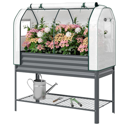 Galvanised Raised Garden Bed with Greenhouse Cover, Metal Elevated Planter Box with Bed Liner, Bottom Shelf