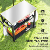 3-Shelf Outdoor Grill Dining Cart Pizza Oven Stand with Stainless Steel Top, Movable BBQ Food Prep Table Outdoor Kitchen Island with Hooks Wheels Handle